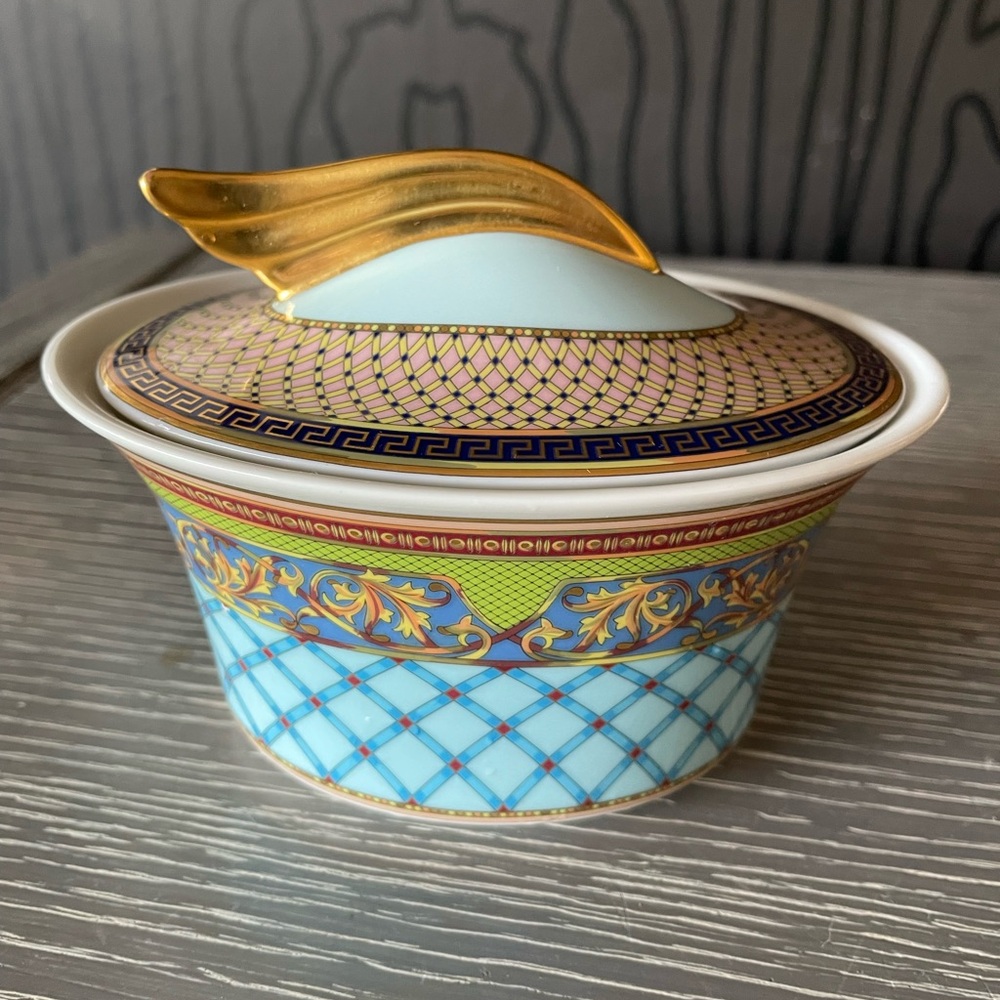 Rosenthal Versace Dream Germany Gold and Cobalt Porcelain Sugar Bowl